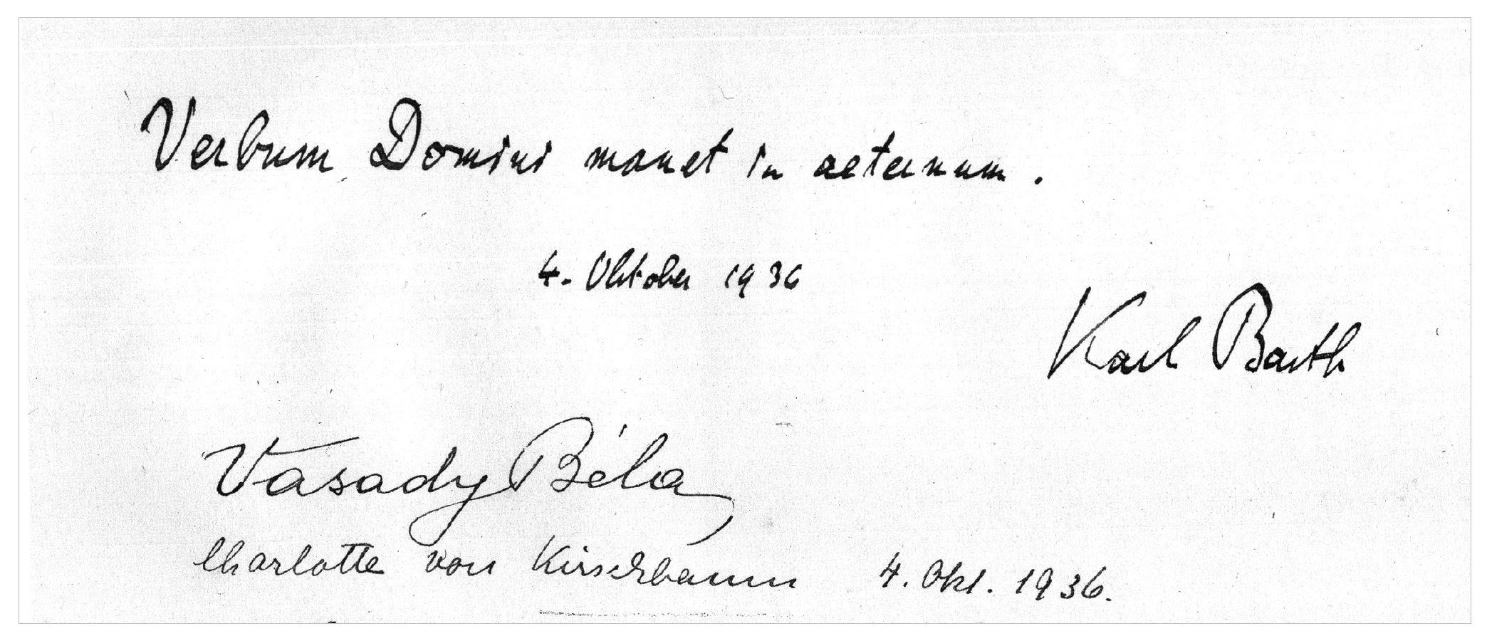 Karl Barth, Vasady Béla és Charlotte von Kirschbaum bejegyzése a Kolozsvári Teológia vendégkönyvébe (1936)